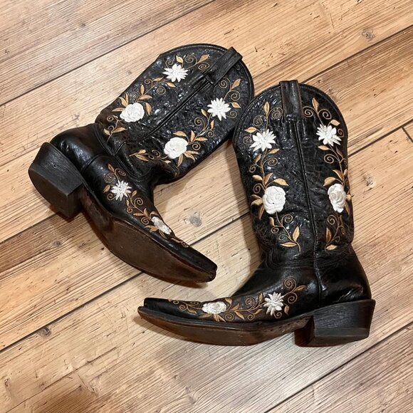 PECOS BILL Women's Cowboy Boots Sz 6.5 Brown with White Floral Embroidered NICE! - Picture 2 of 6